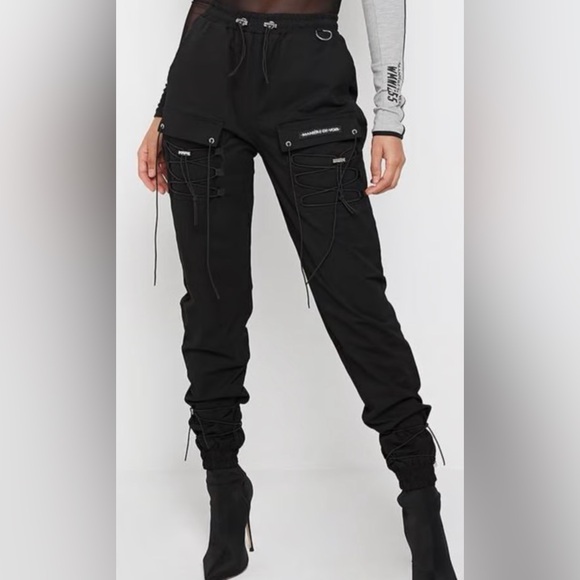 Maniere De Voir Pants - Manière De Voir Black Bungee Cord Lace-Up Cargo Jogger Pants Size 8 NWT